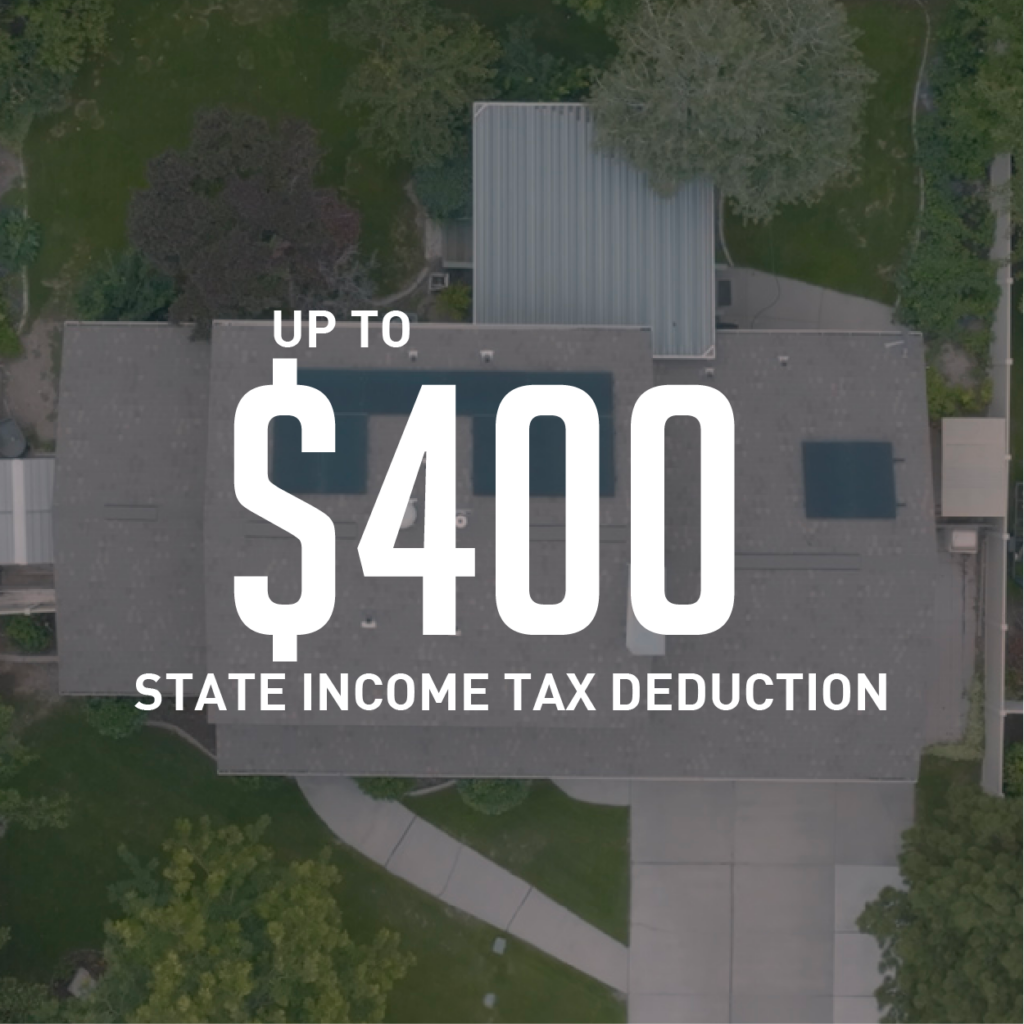 'Up to $400 State Income Tax Deduction' text overlaid on an aerial view of a house layout with solar panels installed
