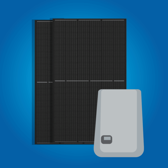 Inverter and solar panel graphics on a blue background