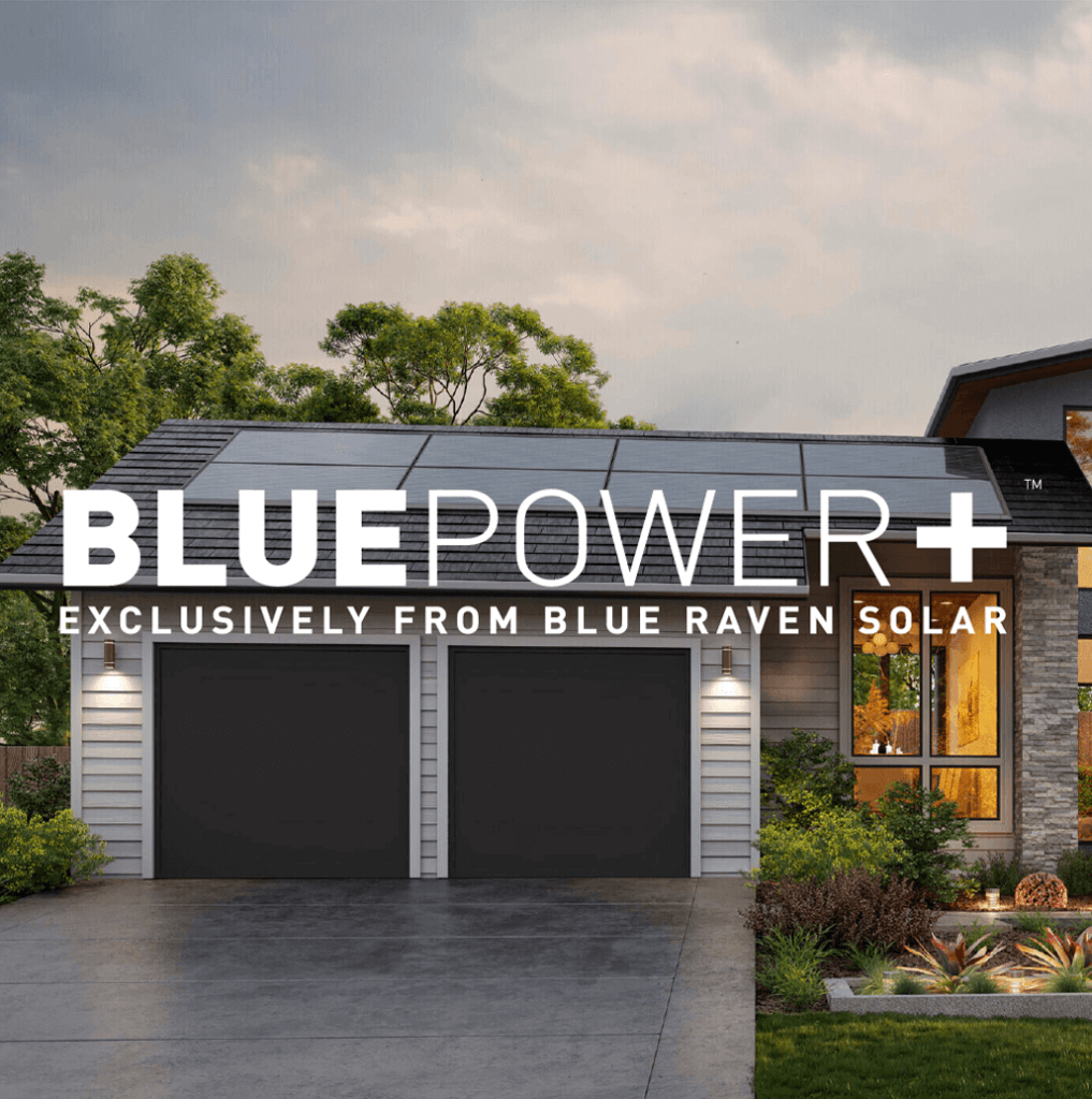 BluePower Plus+ Exclusively from Blue Raven Solar logo overlaid on a house rendering with solar panels with a cloudy sky background
