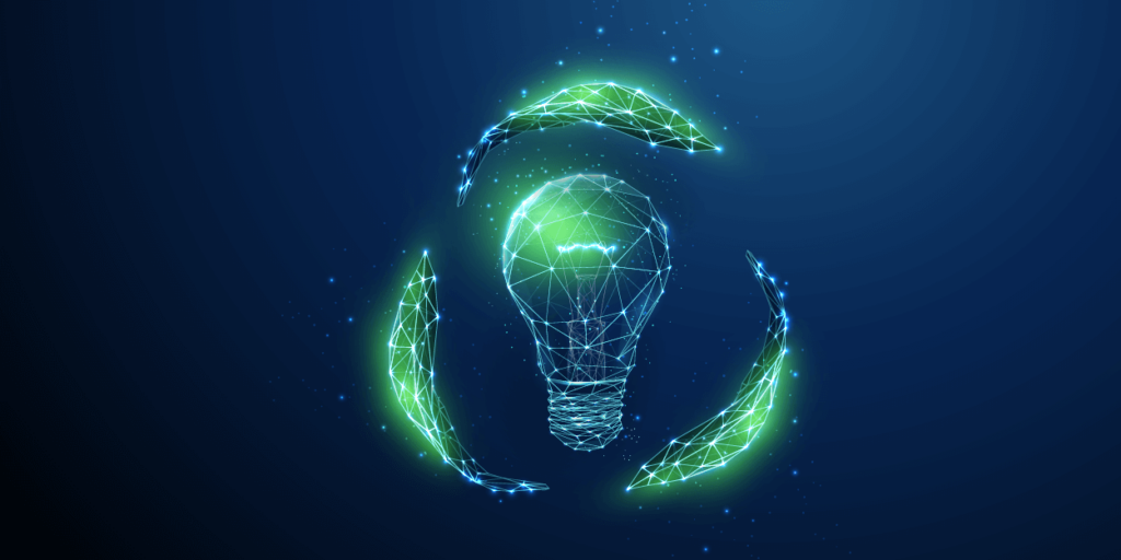 Lightbulb with three glowing radiating curves in green on a dark blue background