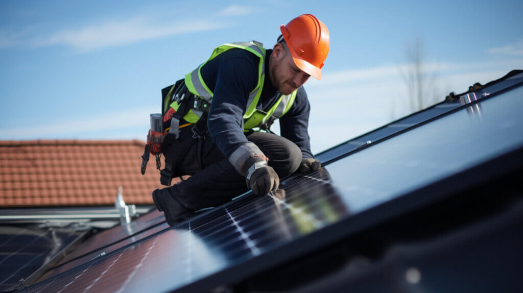 Solar panel installer on roof in safety gear aligning solar arrays together