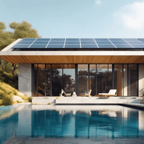 Modern pool house rendering with large solar panel system installed on roof