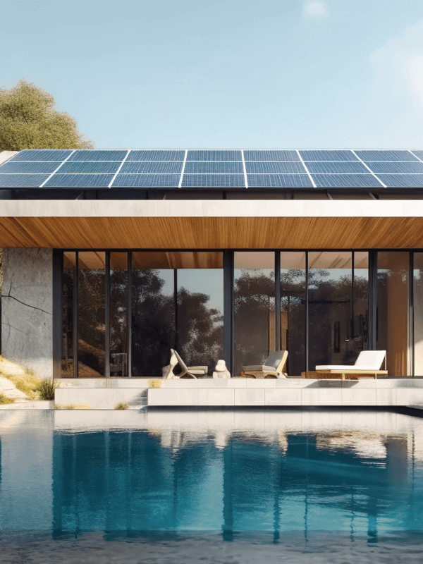 Modern pool house rendering with large solar panel system installed on roof