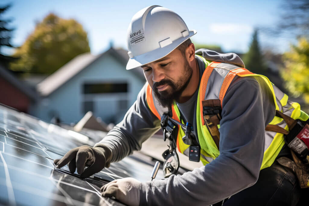 Male solar installer in safety gear including vest and hardhat aligning solar panels on roof