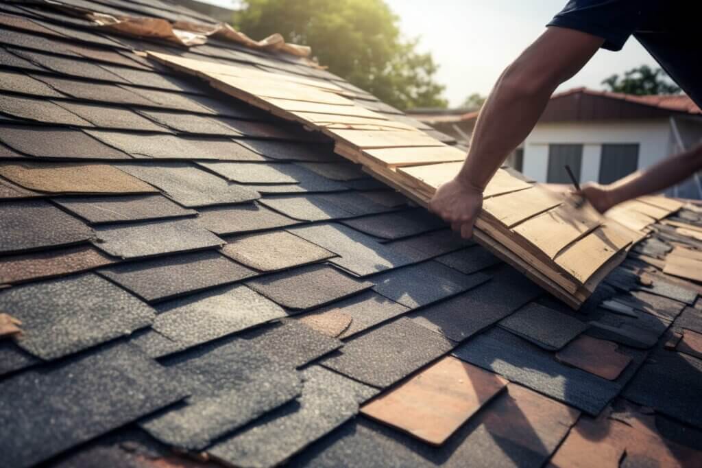 Up close view of an asphalt shingle roof and a homeowner making repairs