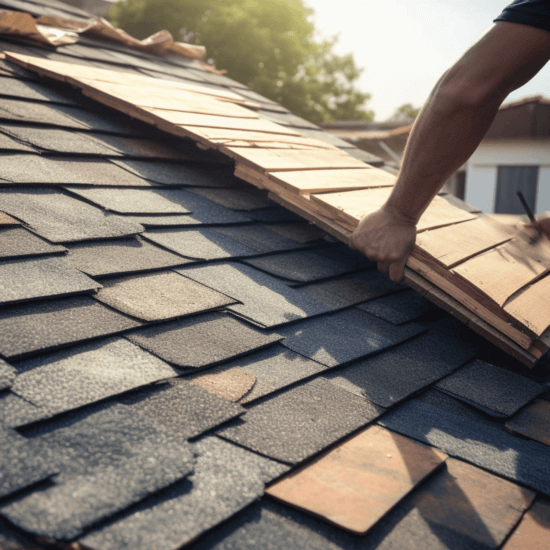 Up close view of an asphalt shingle roof and a homeowner making repairs