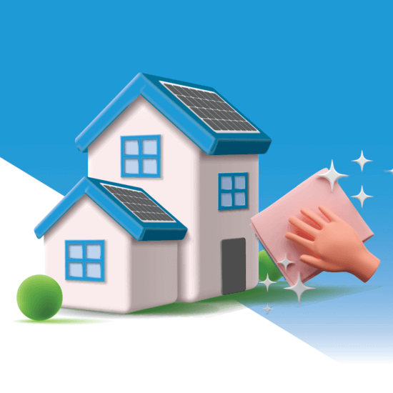 Graphic illustration of a square, cartoon-like house with solar panels and a hand with cleaning supplies