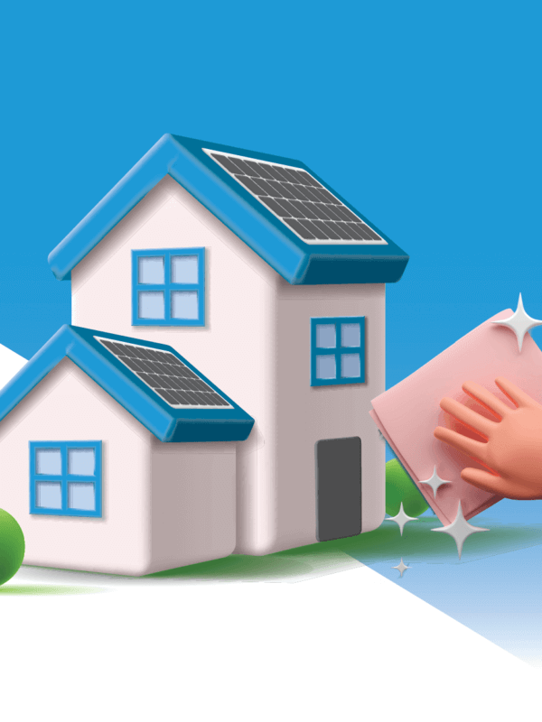 Graphic illustration of a square, cartoon-like house with solar panels and a hand with cleaning supplies
