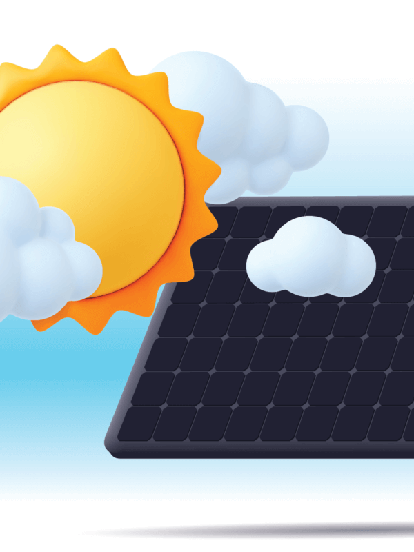 Sun graphic with clouds touching a floating solar panel with a light blue gradient in the background