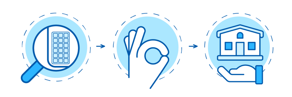 Three circle icons illustrating the solar permitting process in shades of blue which include a magnifying glass looking at panels, a hand signaling okay, and a house