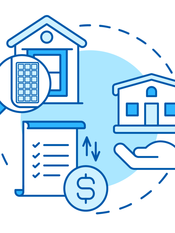 Three icons including a magnifying glass, house, and paperwork illustrating the solar permitting process in shades of blue