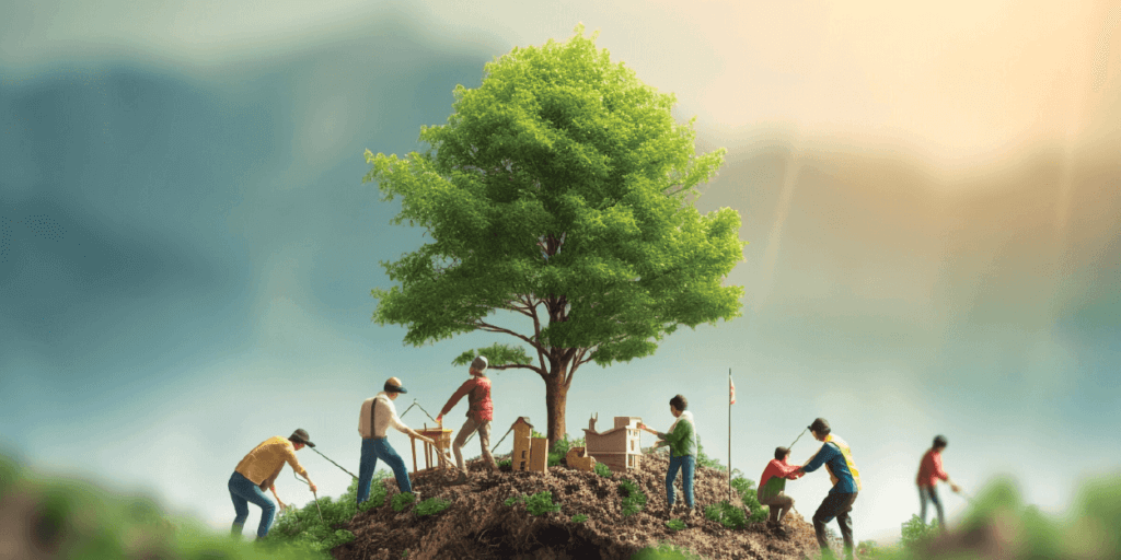 Futuristic preview of individuals building a community with a large tree in the middle