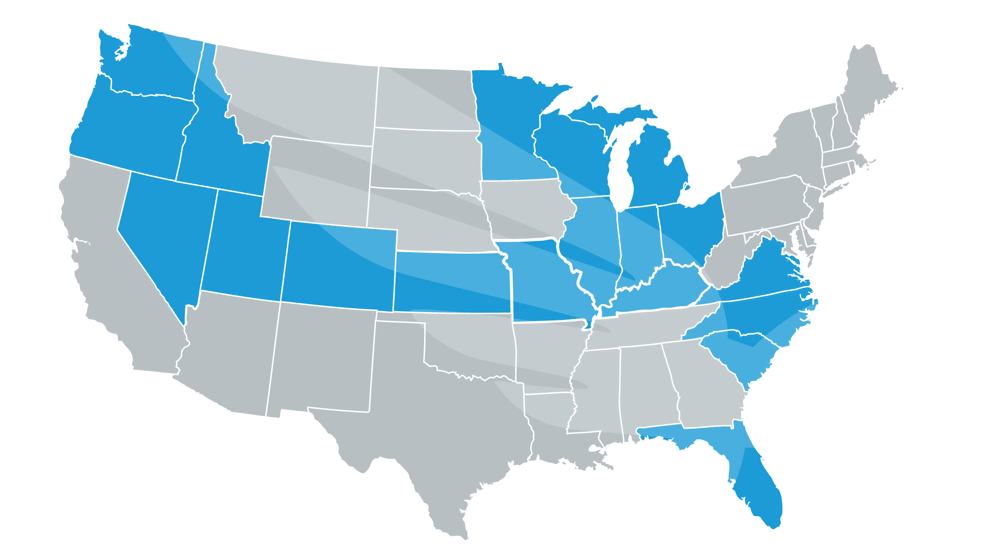 Map of the United States of America, indicating Blue Raven Solar service areas and locations in blue