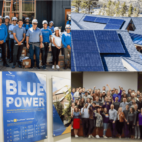 Collage of four different photos illustrating growth and 10 year anniversary of Blue Raven Solar