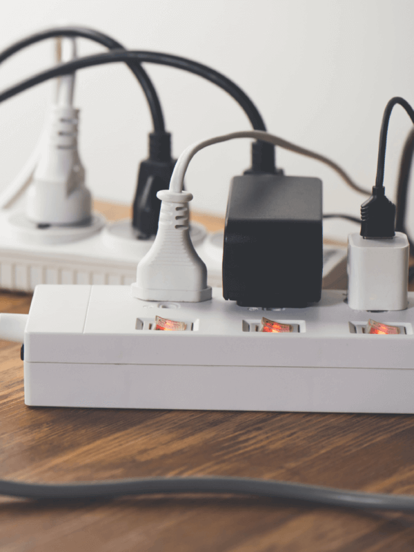Multiple power strips with numerous products plugged-in sitting on a wood table