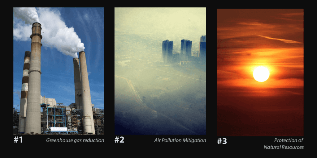 Solar Impact on Climate Change-02 3 images, side-by-side, indicating greenhouse gas reduction through burning resources, air pollution mitigation of a smoggy city, and protection of natural resources with a dark orange/red sunset
