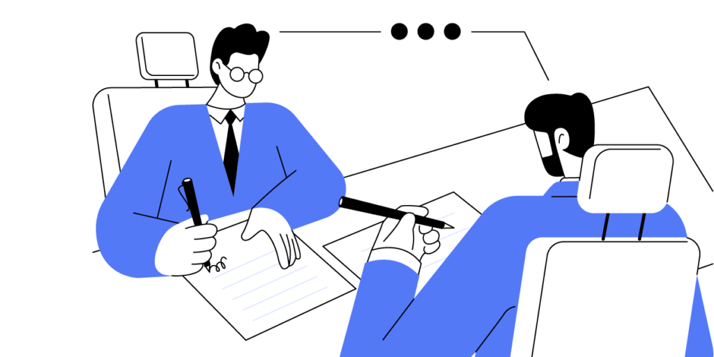 Modern graphic in black, white, and indigo of two males sitting across the table from each other, signing paperwork