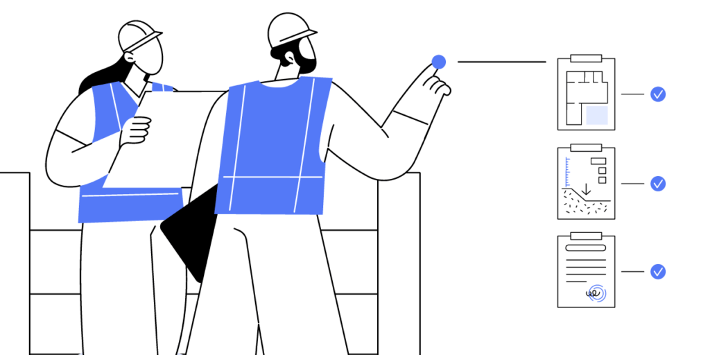 Modern graphic in black, white, and indigo of two individuals in hard hats and safety vests pointing to three clipboard style graphics