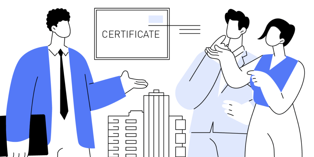 Modern graphic in black, white, and indigo of three individuals in a group with a "certificate" sign in the middle and skyscraper graphic in the foreground