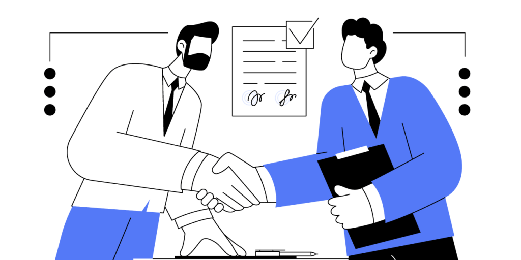 Modern graphic in black, white, and indigo of two males shaking hands across a table in agreement