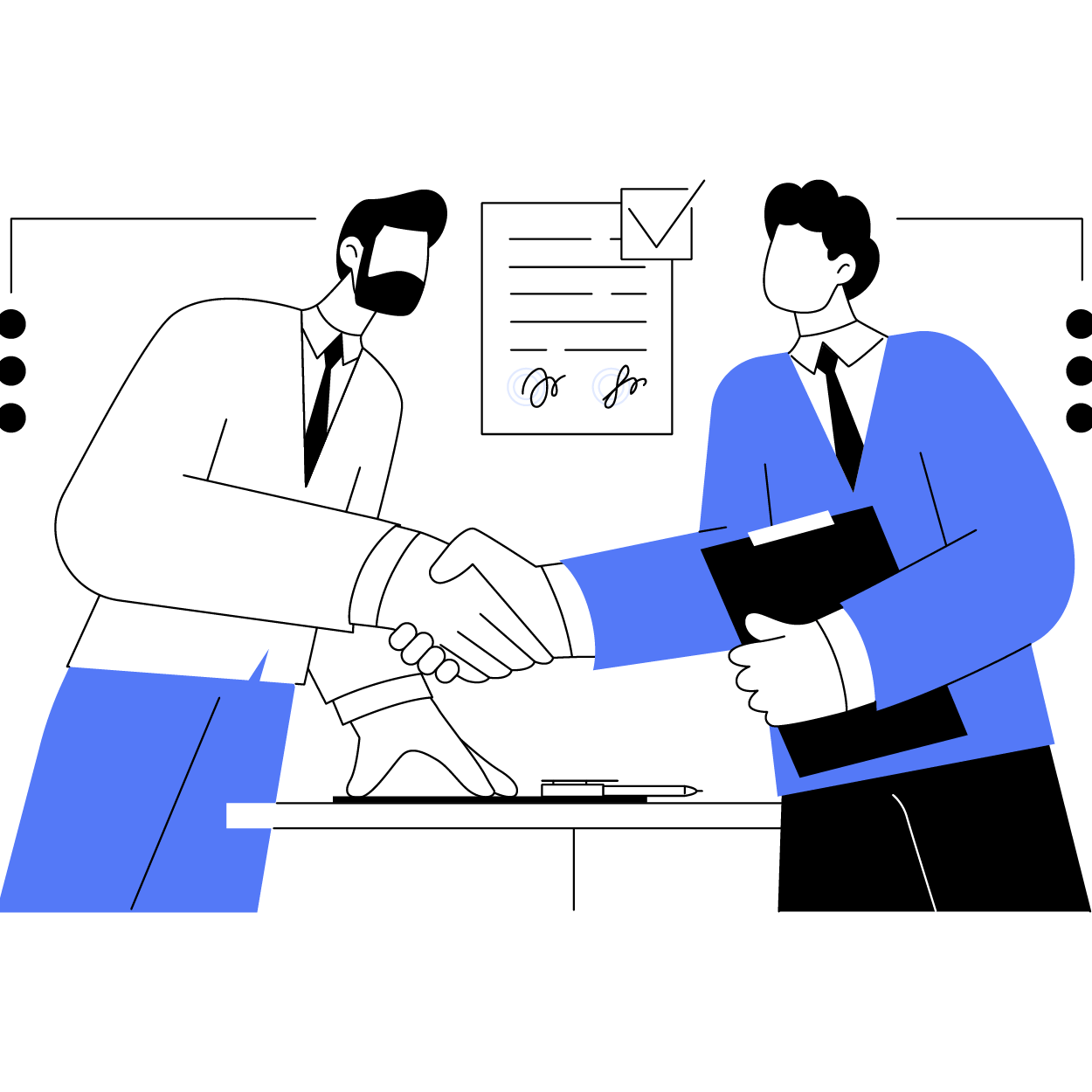 Modern graphic in black, white, and indigo of two males shaking hands across a table in agreement
