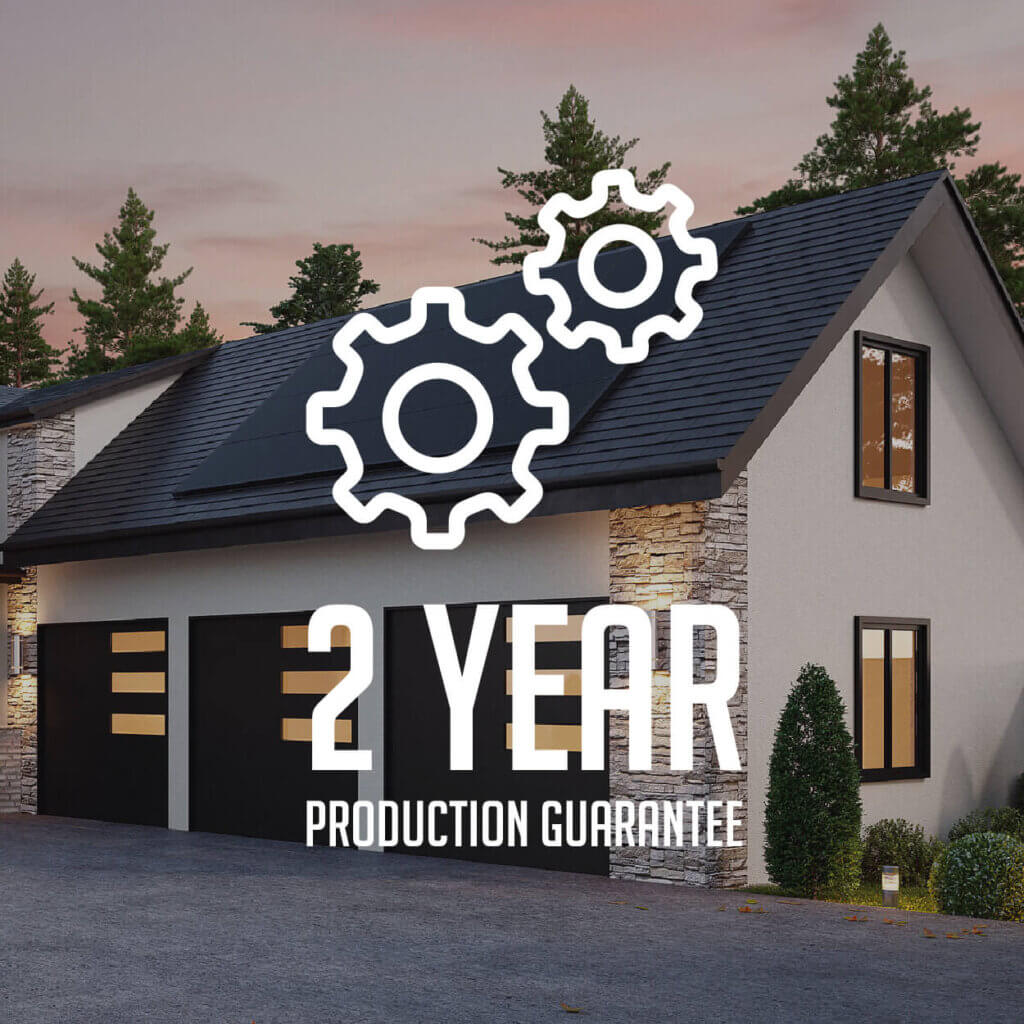 '2 Year Production Guarantee' text overlaid on an image of a house rendering with solar panels