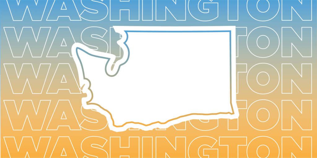 The image has a blue-to-orange gradient background with "WASHINGTON" repeated in the background. A white outline of Washington state is in the center.