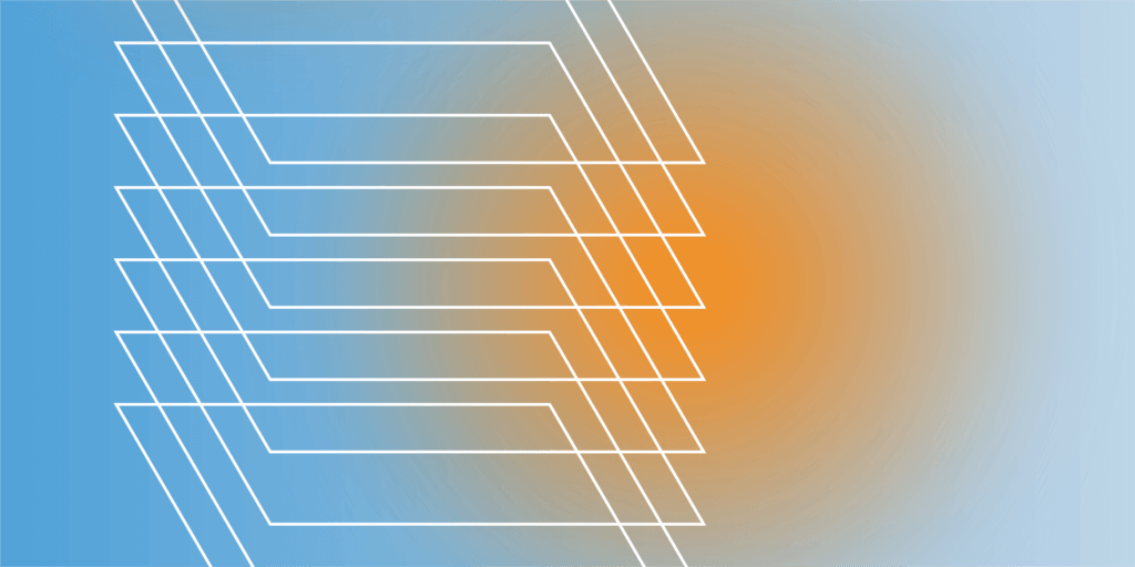 Abstract representation of solar panels components overlaid on a circular gradient fading from orange to blue