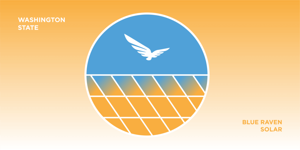 Gradient orange background with "WASHINGTON STATE" on the left and "BLUE RAVEN SOLAR" on the right. A circular logo in the center shows a white bird above a blue and orange pattern resembling solar panels.