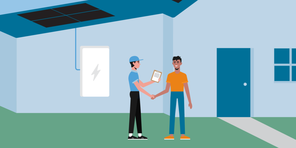 Graphic illustration of two males in front of a light-blue house with solar panels and a solar battery; shaking hands