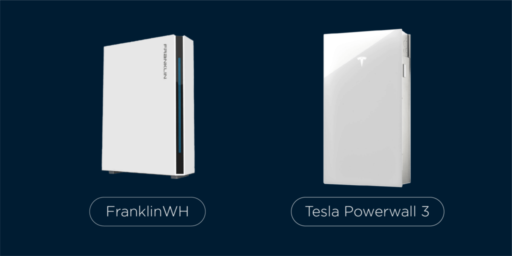 Two, white solar batteries side-by-side illustrating FranklinWH and Tesla Powerwall 3