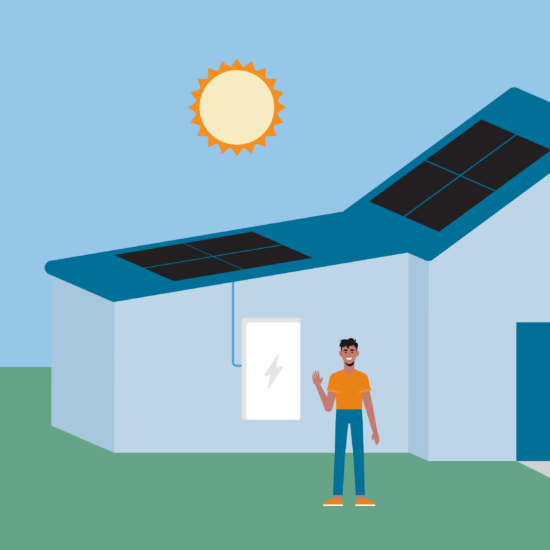 Graphic illustration of a male in an orange shirt in front of a solar battery connected to a light blue house with solar panels installed on roof and a yellow-orange sun in the sky