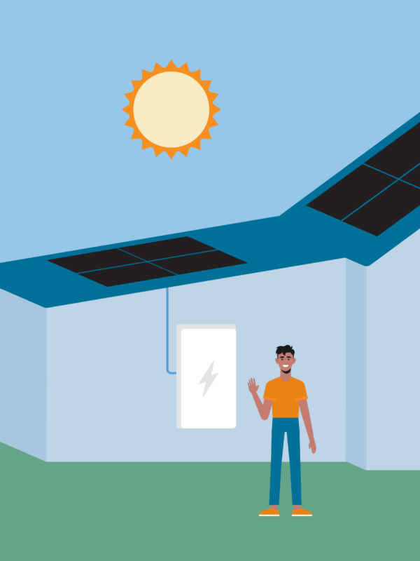 Graphic illustration of a male in an orange shirt in front of a solar battery connected to a light blue house with solar panels installed on roof and a yellow-orange sun in the sky
