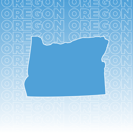 White text outline of "Oregon" repeated and overlaid on a gradient background fading from blue to white including a blue outline of the state