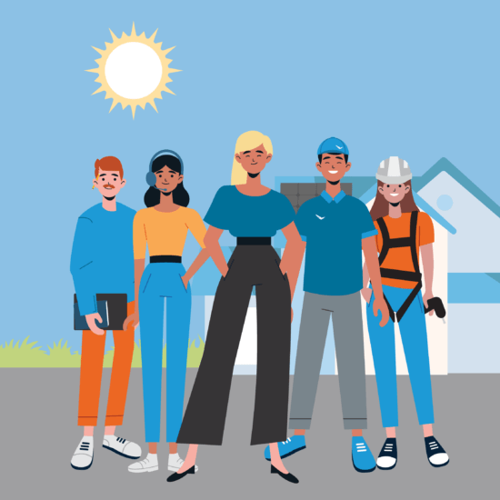 Five different characters standing in front of a house with solar panels and a sun in the sky, representing a solar installation team