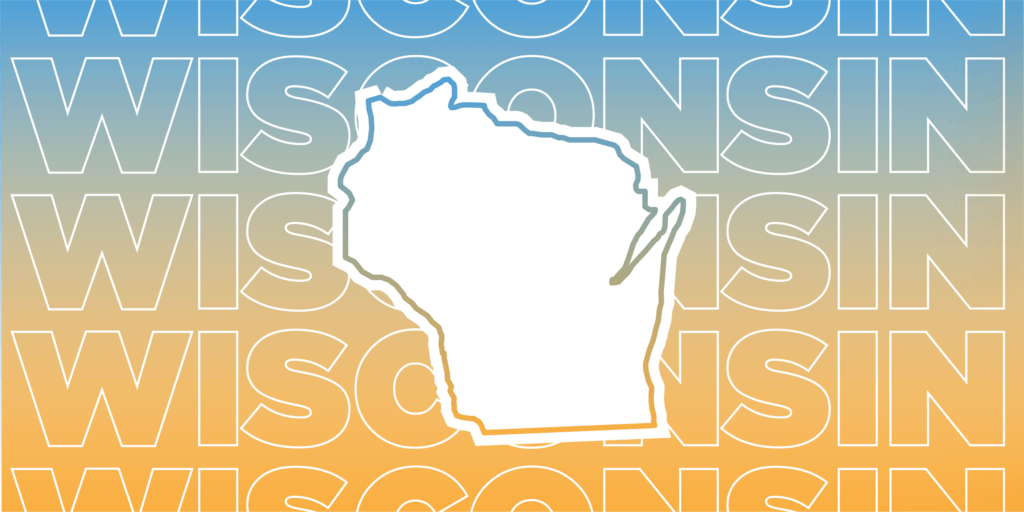 Wisconsin Solar Incentives-01 The image has a blue-to-orange gradient background with "WISCONSIN" repeated in the background. A white outline of Wisconsin is in the center.
