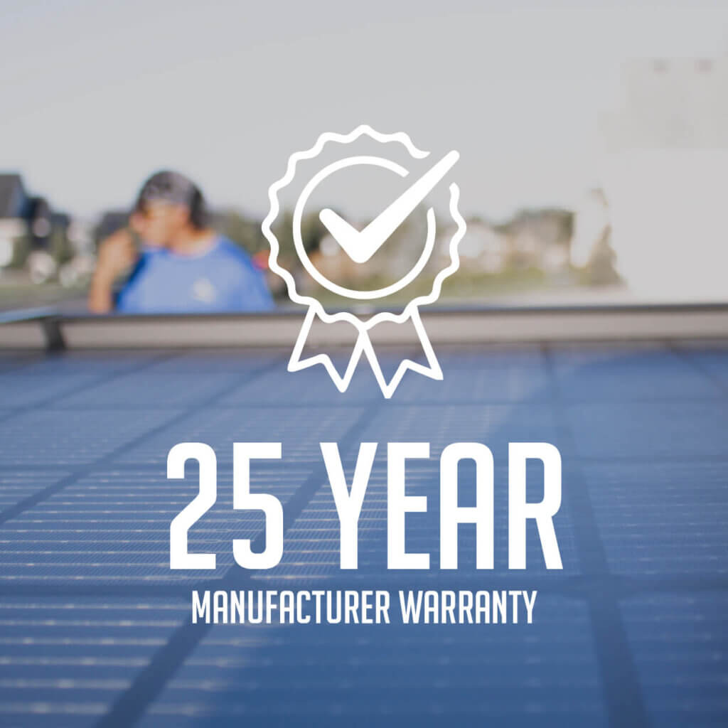 '25 Year Manufacturer Warranty' text overlaid on an image of solar panels with an installer in the background