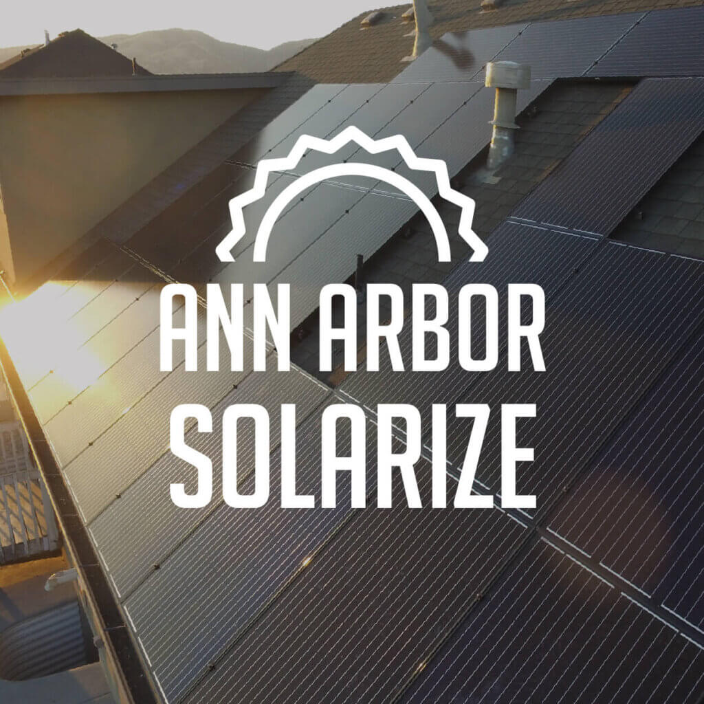 'Ann Arbor Solarize' text overlaid on a large rooftop solar panel system with the sun reflected in them