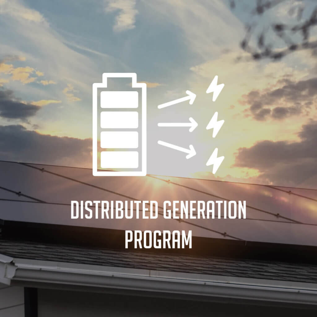 'Distributed Generation Program' text overlaid on an a Blue Raven Solar customer rooftop installation