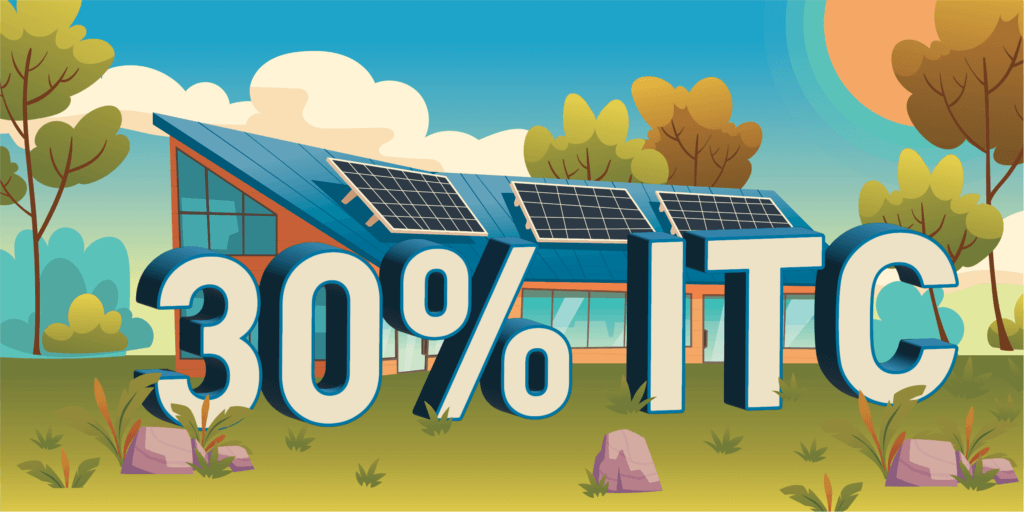 A graphic in bright colors featuring an asymmetrical house with solar panels on the roof and oversized '30% ITC' letters in the foreground