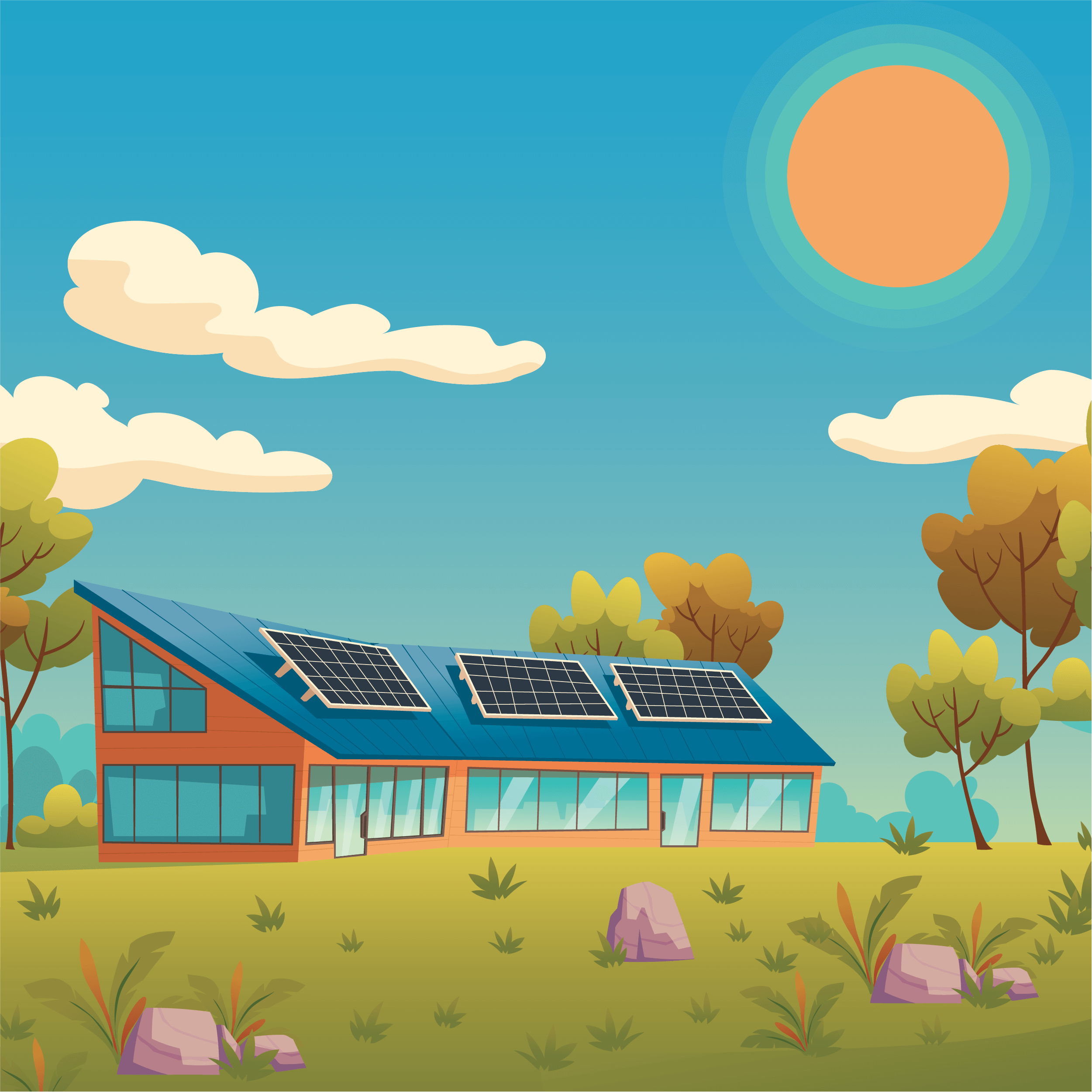 A graphic in bright colors featuring an asymmetrical house with solar panels on the roof