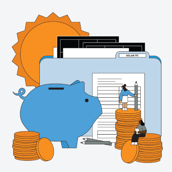 Graphic with office items like file folders, piggy bank, forms, pencil, and coins and small, large bodied characters