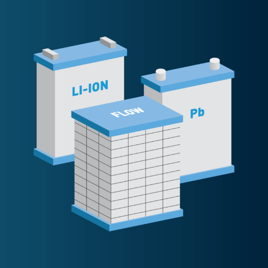 Three different types of residential solar battery icons, grouped together with a dark blue background