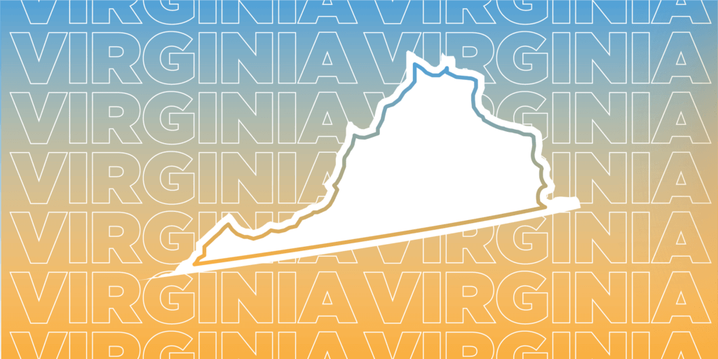 4 Major Incentives When Going Solar in Virginia-01 The image has a blue-to-orange gradient background with "VIRGINIA" repeated in the background. A white outline of Virginia is in the center.