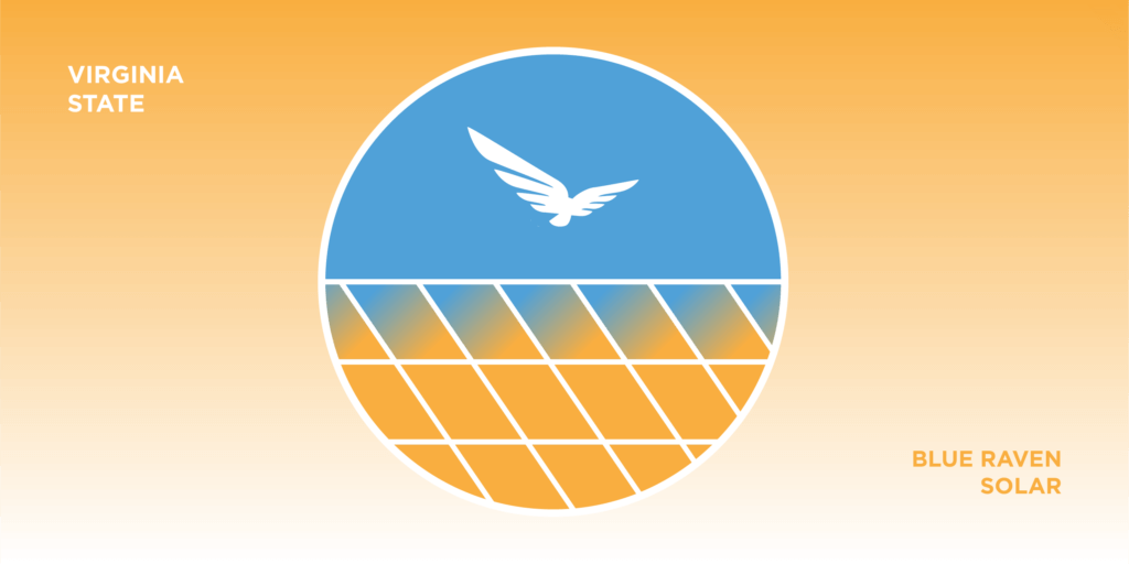 4 Major Incentives When Going Solar in Virginia-03 Gradient orange background with "VIRGINIA" on the left and "BLUE RAVEN SOLAR" on the right. A circular logo in the center shows a white bird above a blue and orange pattern resembling solar panels.