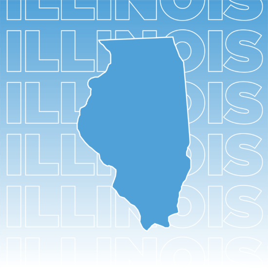 White text outline of "Illinois" repeated and overlaid on a gradient background fading from blue to white including a blue outline of the state