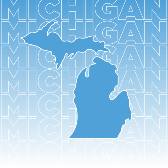 White text outline of "Michigan" repeated and overlaid on a gradient background fading from blue to white including a blue outline of the state