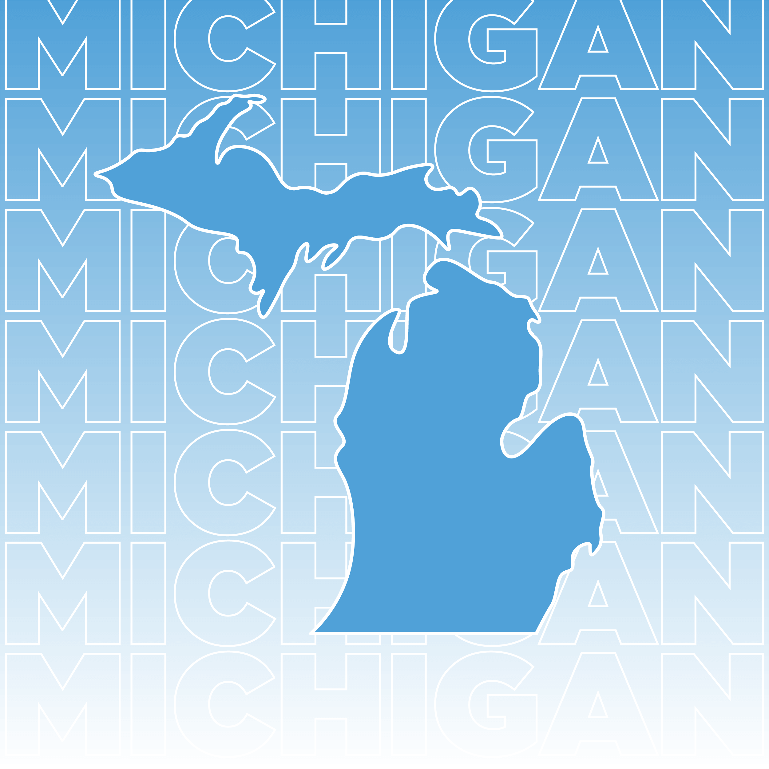 White text outline of "Michigan" repeated and overlaid on a gradient background fading from blue to white including a blue outline of the state