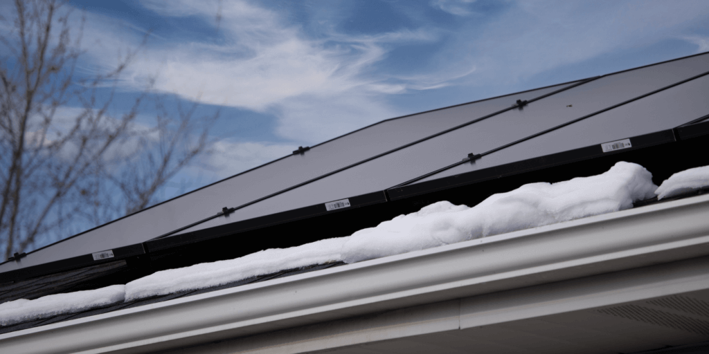 Monocrystalline solar panels installed on a roof, surrounded by snow