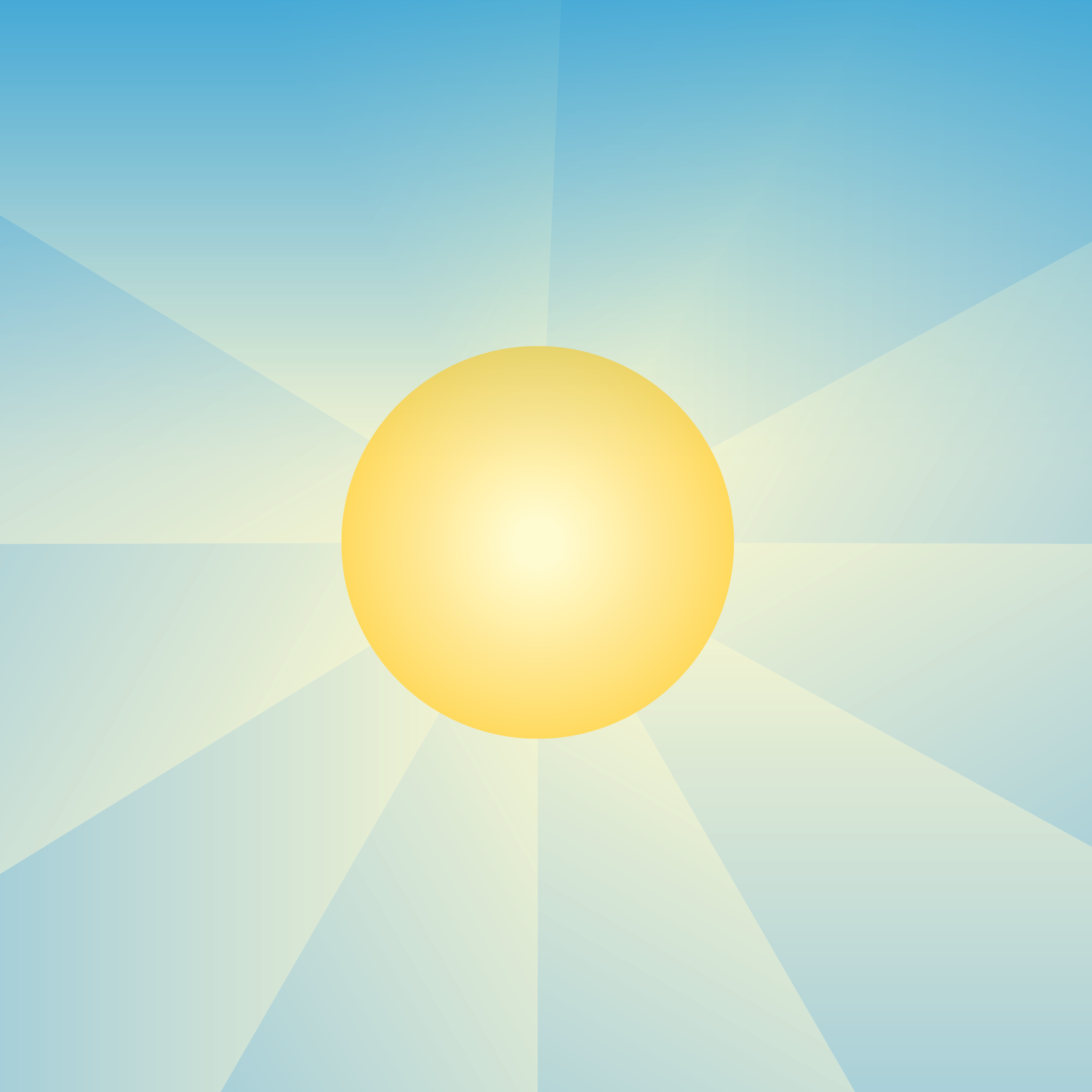 Yellow sun in the middle with rays outward in hues of golden yellow and blue